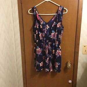 Agaci Navy Blue Lace up Back Floral Ruffle Trim Elastic Waist V-neck Romper L